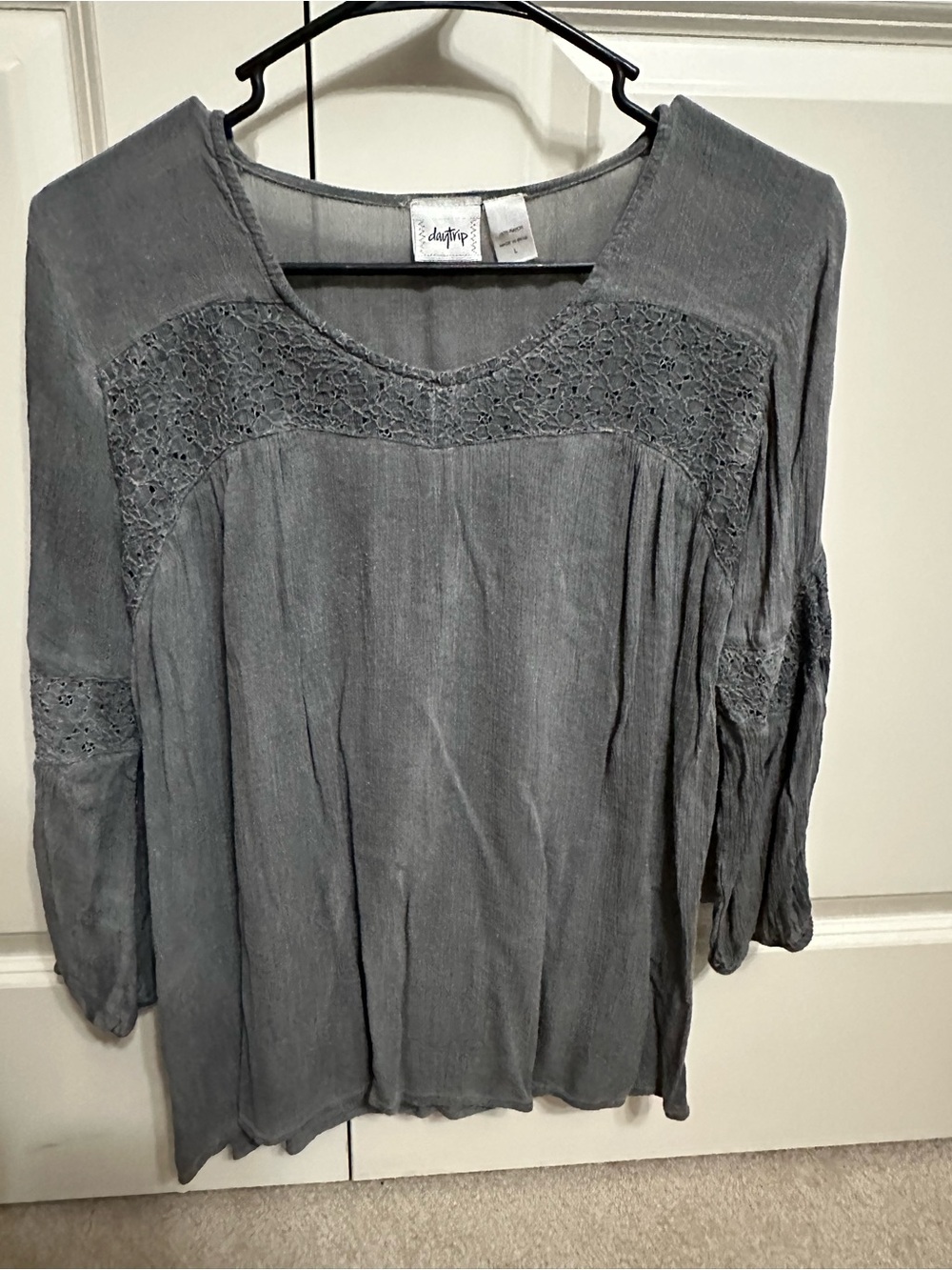 Daytrip Gray Crochet-Yoke Peasant Tunic
